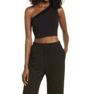 Lulu's Black One Shoulder Tassel Trim Crop Tank Top XS